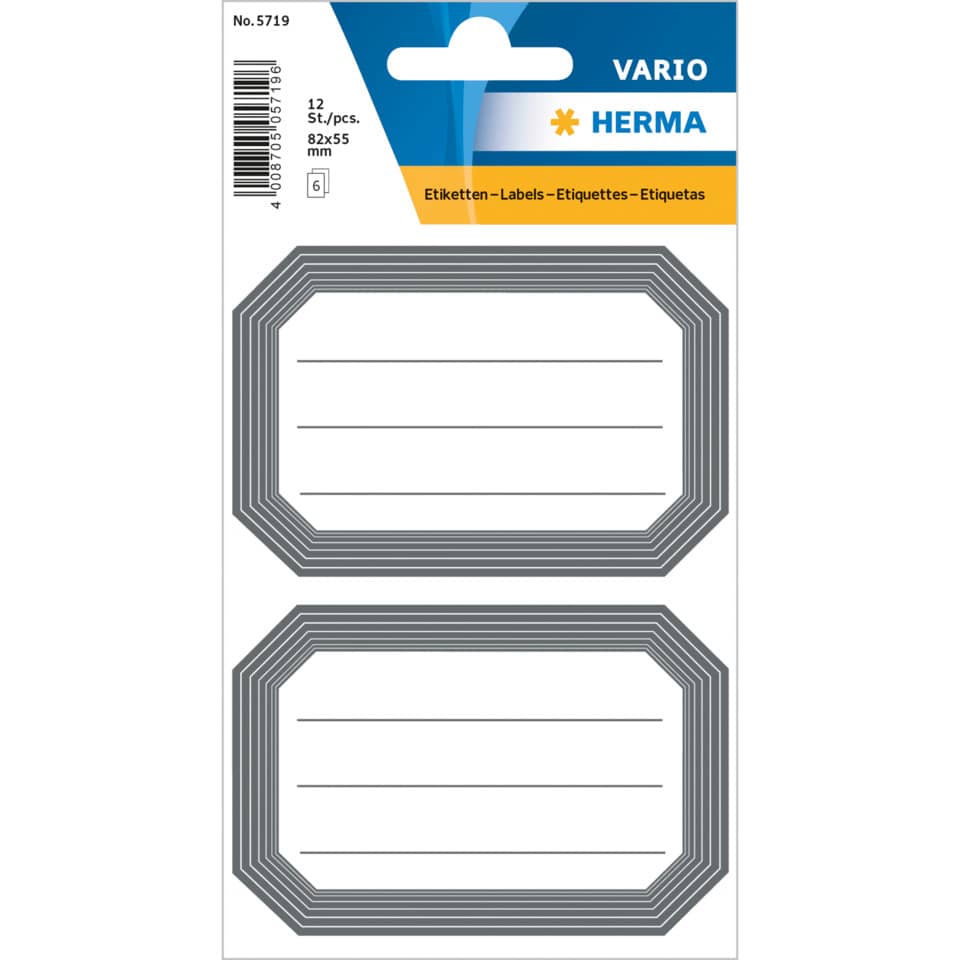 Etiketten permanent, 82x55mm, 12 Stück, schwarzer Rand, liniert HERMA 5719 HERMA 5719  12 Stück permanent