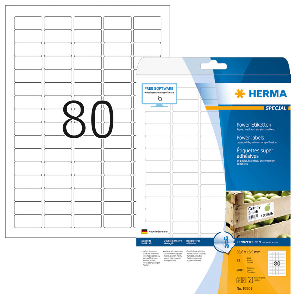 Poweretiketten stark haftend, 35,6x16,9mm, 2000 Stück, weiß  ~ HERMA 10901 HERMA 10901  25x80=2000St