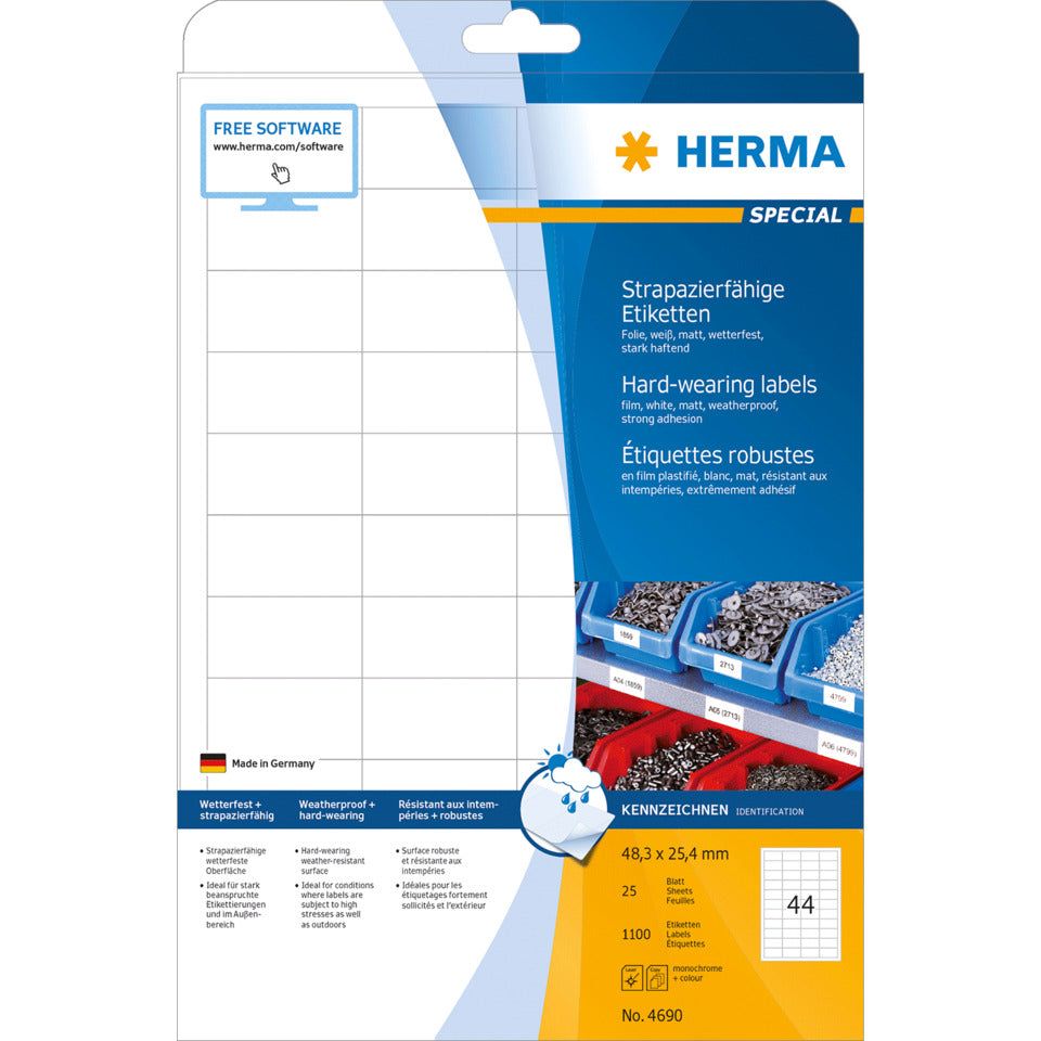 Folienetiketten stark haftend, 48,3x25,4mm, wetterfest, 1100 Stück, weiß HERMA 4690 HERMA 4690 wetterf. extra stark haft.