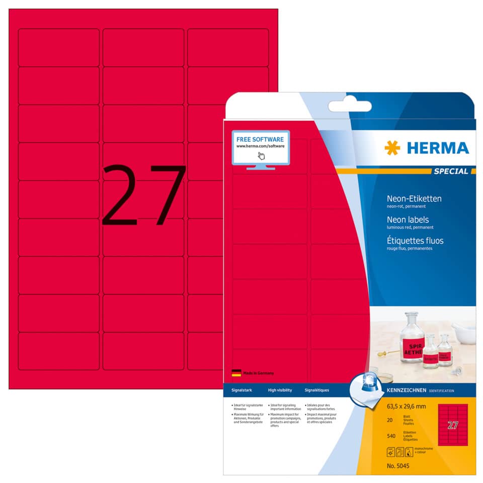 Neonetiketten permanent, 63,5x29,6mm, 540 Stück, leuchtrot HERMA 5045 HERMA 5045  540 Stück permanent haftend