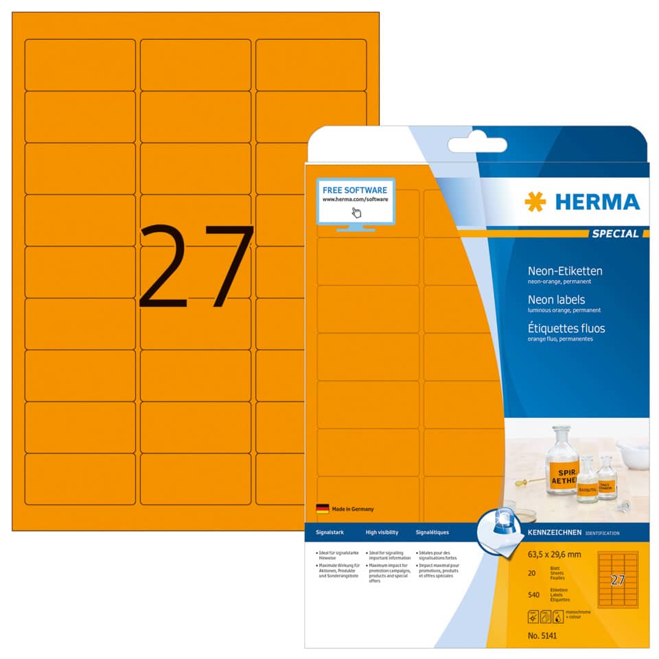 Neonetiketten permanent, 63,5x29,6mm, 540 Stück, leuchtorange HERMA 5141 HERMA 5141  675 Stück permanent haftend