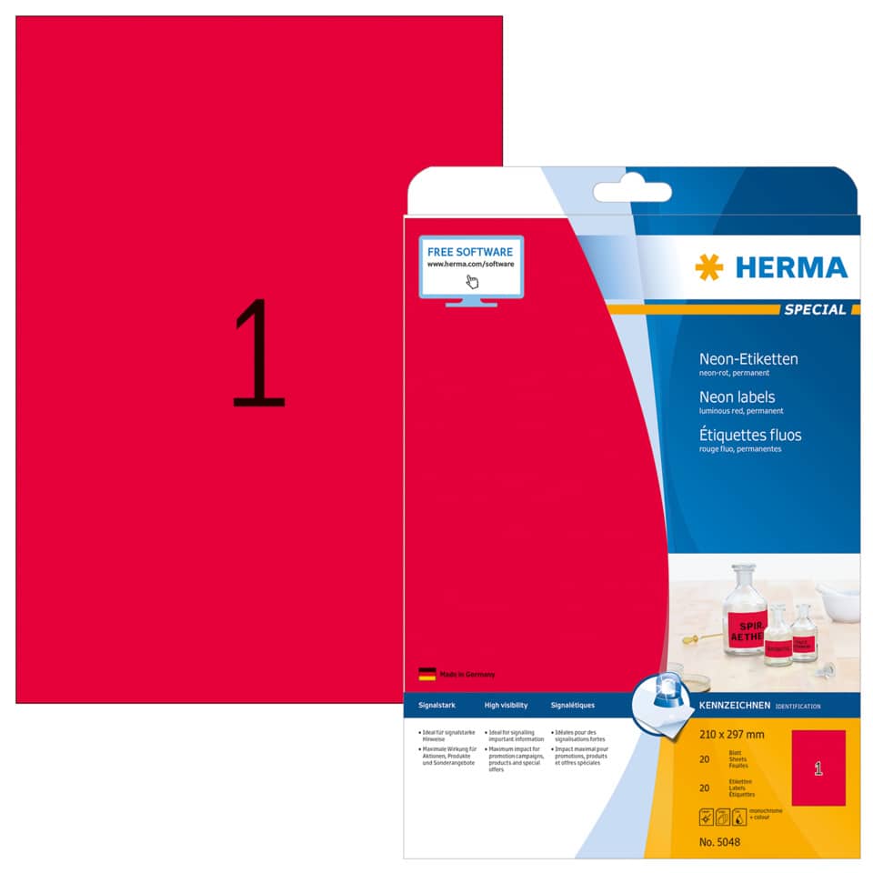 Neonetiketten permanent, 210x297mm, 20 Stück, leuchtrot HERMA 5048 HERMA 5048  20 Stück permanent haftend