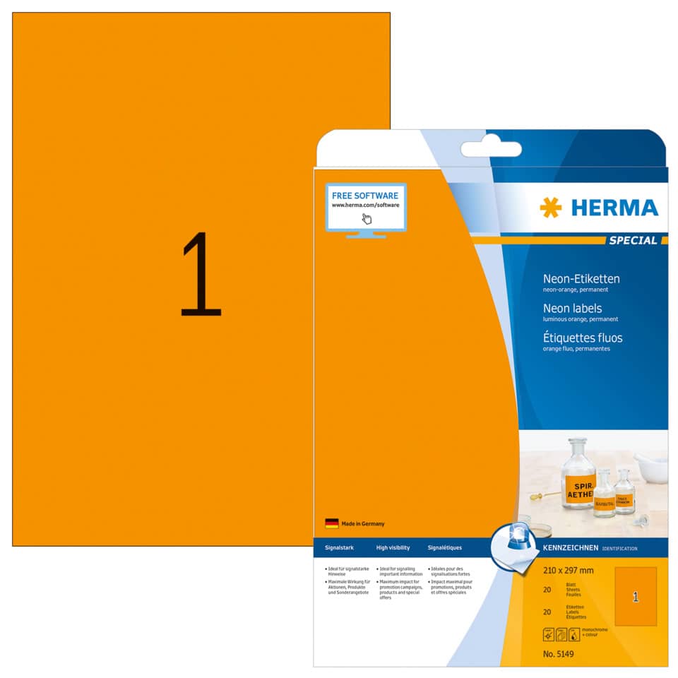 Neonetiketten permanent, 210x297mm, 20 Stück, neonorange HERMA 5149 HERMA 5149  20 Stück permanent haftend
