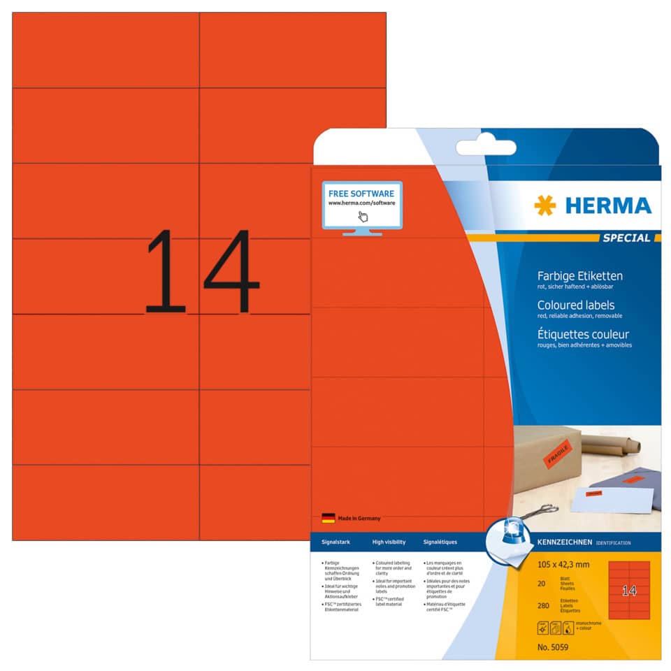 Etiketten ablösbar, 105x42,3mm, 280 Stück, rot HERMA 5059 HERMA 5059  280 Stück  ablösbar