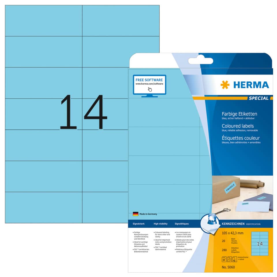 Etiketten ablösbar, 105x42,3mm, 280 Stück, blau HERMA 5060 HERMA 5060 SuperPrint 280 Stück ablösbar