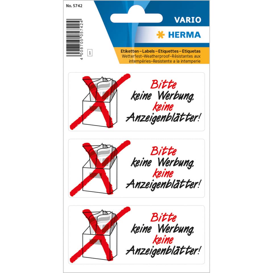 Hinweisetiketten "Bitte keine Werbung Anzeigenblätter", wetterfest, 3 Stück HERMA 5742 HERMA 5742  leuchtrot 3 Stück