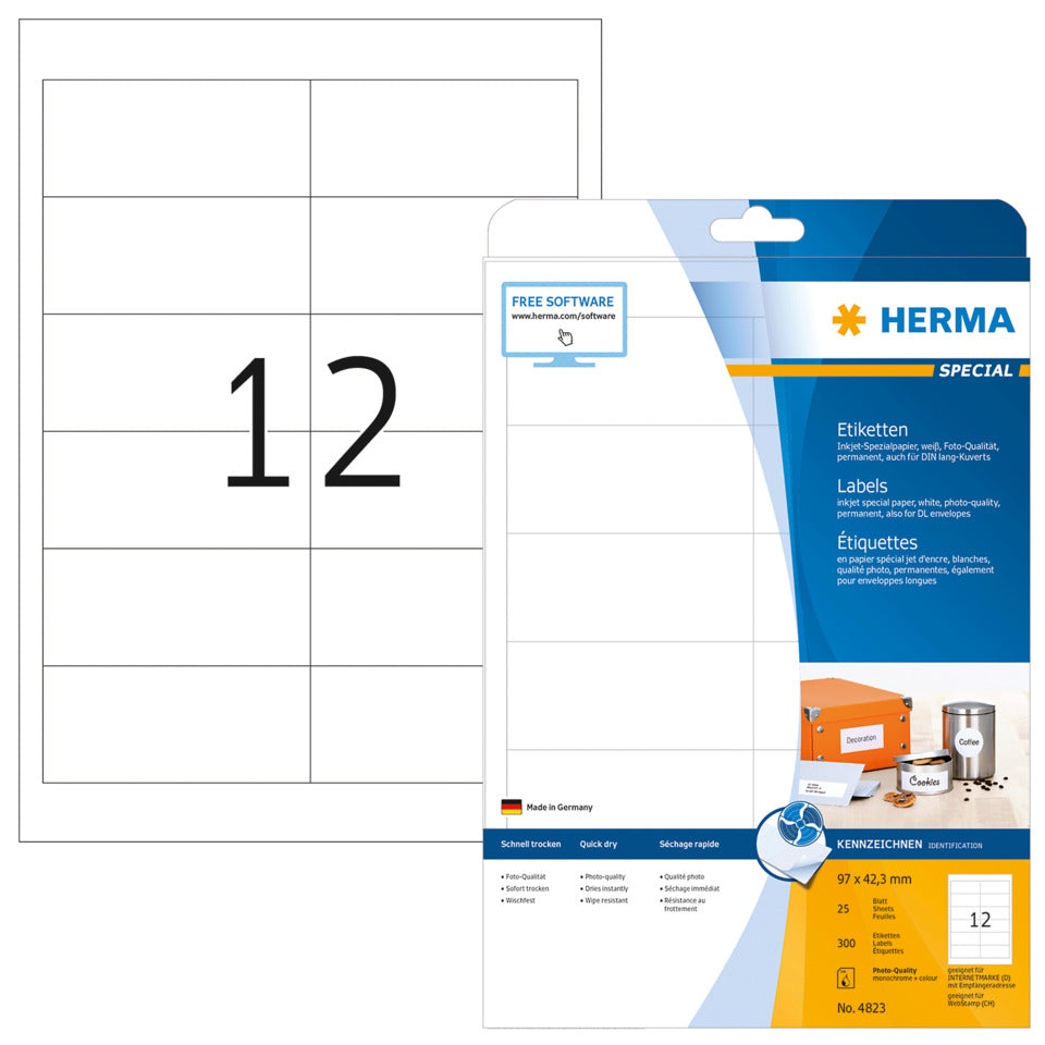 Inkjet-Etiketten permanent, 96,5x42,3mm, 300 Stück, weiß HERMA 4823 HERMA 4823 A4