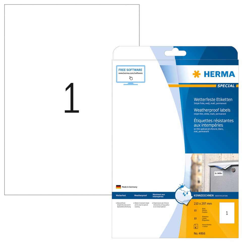 Inkjet-Etiketten permanent, 210x297mm, wasserfest, 10 Stück, weiß HERMA 4866 HERMA 4866 wasserfest 10 St. permanent