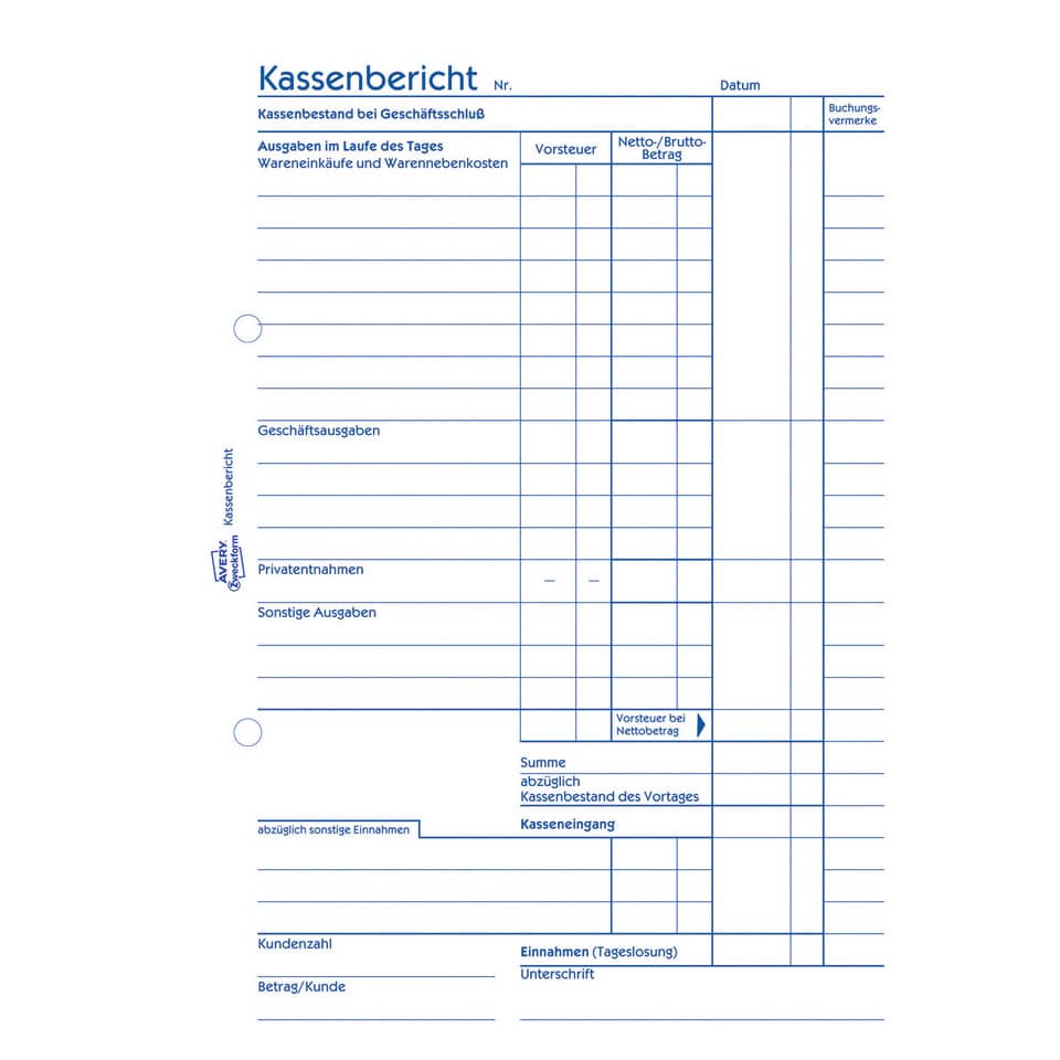 Kassenbericht, A5 AVERY ZWECKFORM 1265 AVERY ZWECKFORM 1265 Recycling