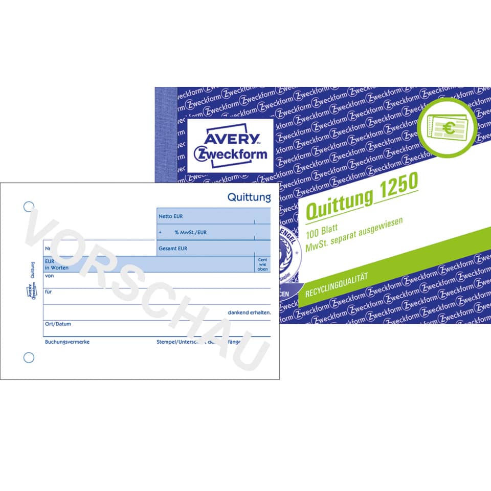 Quittung MwSt. separat ausgewiesen, A6 quer, Papier, 100 Blatt AVERY ZWECKFORM 1250 ZWECKFORM 1250 m.Mwst.Nachw