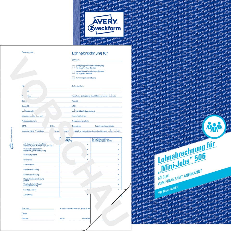 Lohnabrechnung für geringf. Beschäftigte, A4, Blaupapier, 50 Blatt AVERY ZWECKFORM 506 ZWECKFORM 506  50Bl