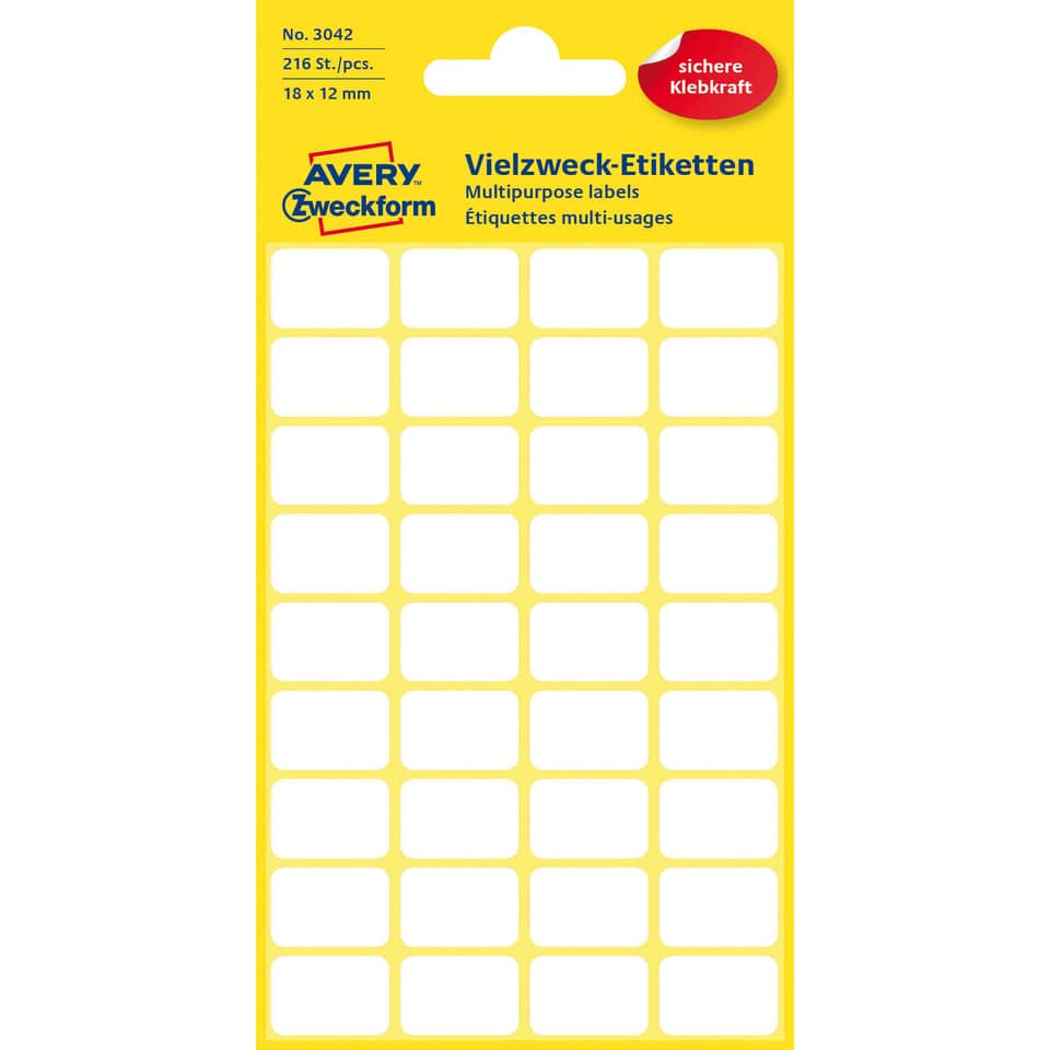 Vielzwecketiketten, 18x12mm, 216 Stück, weiß AVERY ZWECKFORM 3042