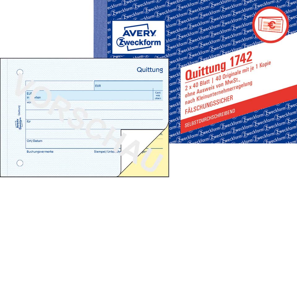 Quittung Kleinunternehmer ohne MwSt., A6 quer, selbstdurchschreibend, 2x40 Blatt AVERY ZWECKFORM 1742 ZWECKFORM 1742 o.Mwst Nachw.