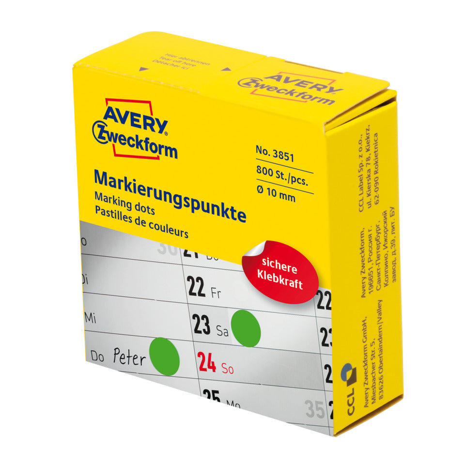 Markierungspunkte, Ø10mm, 800 Stück, grün AVERY ZWECKFORM 3851 ZWECKFORM 3851 i.Spender