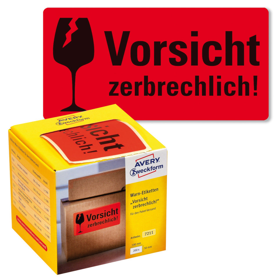Hinweisetiketten "Zerbrechlich", 100x50mm, 200 Stück AVERY ZWECKFORM 7211 ZWECKFORM 7211 100x50mm