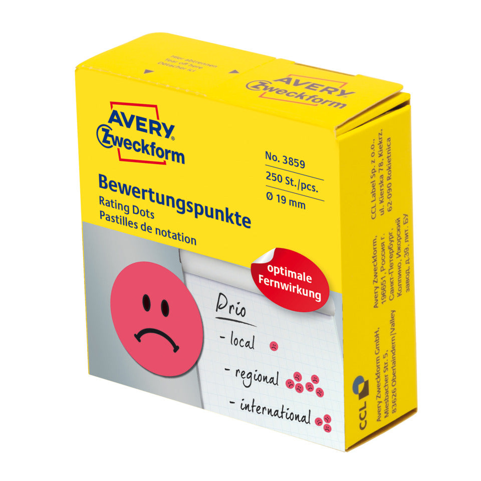 Bewertungspunkte, Ø19 mm, 250 Stück, rot AVERY ZWECKFORM 3859 ZWECKFORM 3859 Spender 250 St permanent