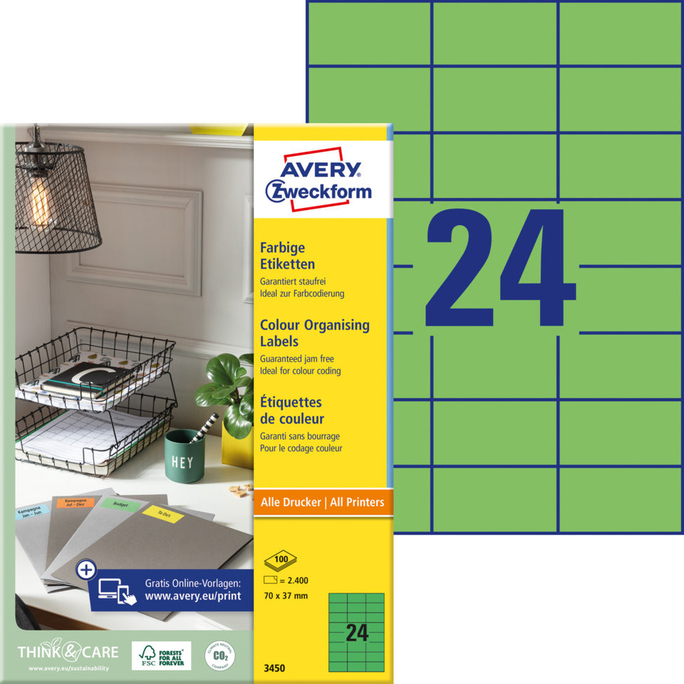 Universaletiketten, 70x37mm, 2400 Stück, grün AVERY ZWECKFORM 3450 ZWECKFORM 3450 2400ST