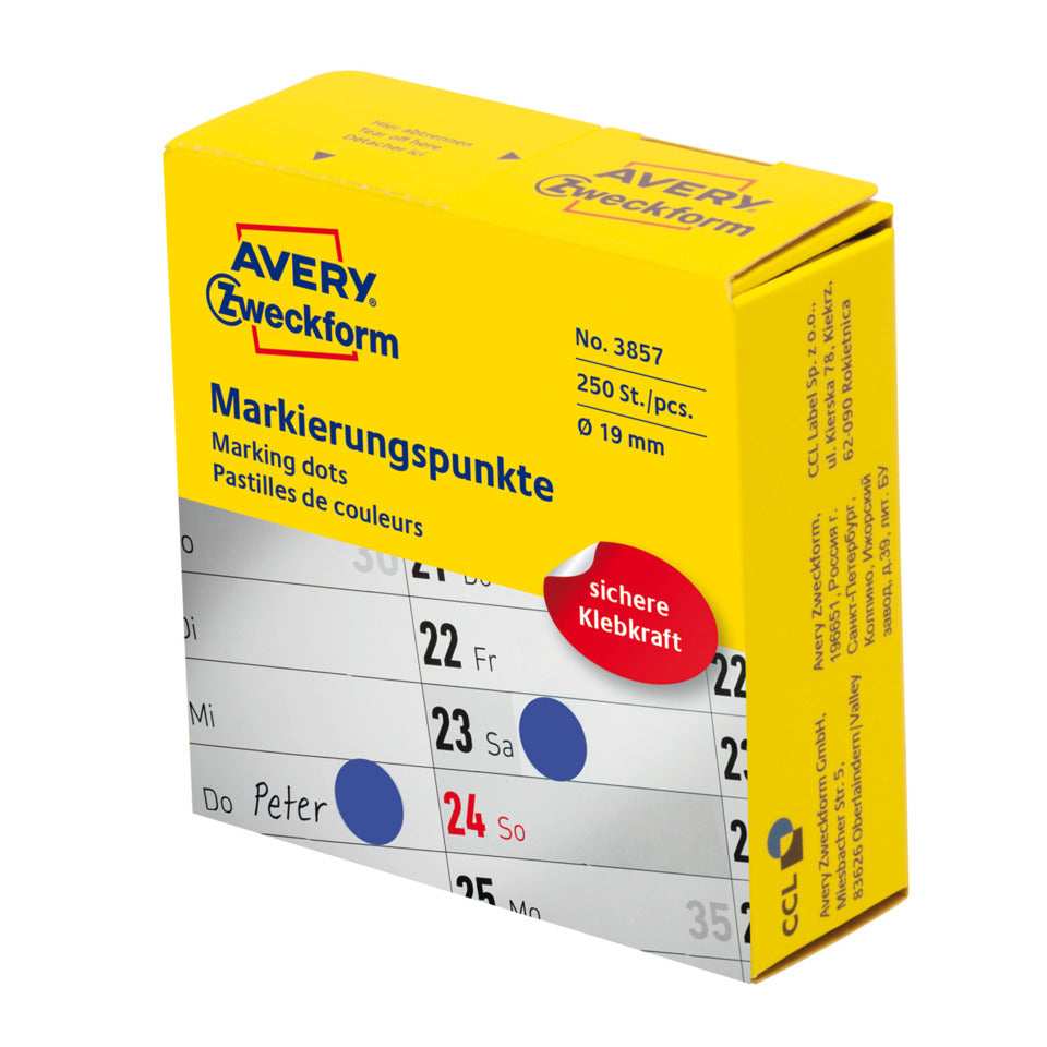 Markierungspunkte, Ø19mm, 250 Stück, blau AVERY ZWECKFORM 3857 ZWECKFORM 3857 i.Spender