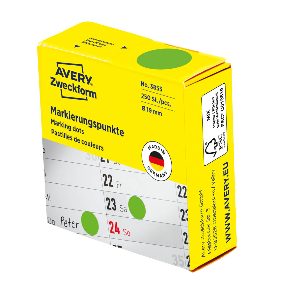 Markierungspunkte, Ø19mm, 250 Stück, grün AVERY ZWECKFORM 3855 ZWECKFORM 3855 i.Spender
