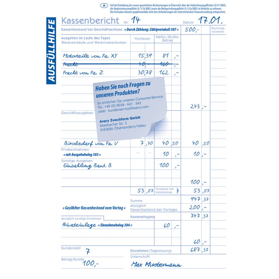 Kassenbericht, A5 AVERY ZWECKFORM 1265 AVERY ZWECKFORM 1265 Recycling