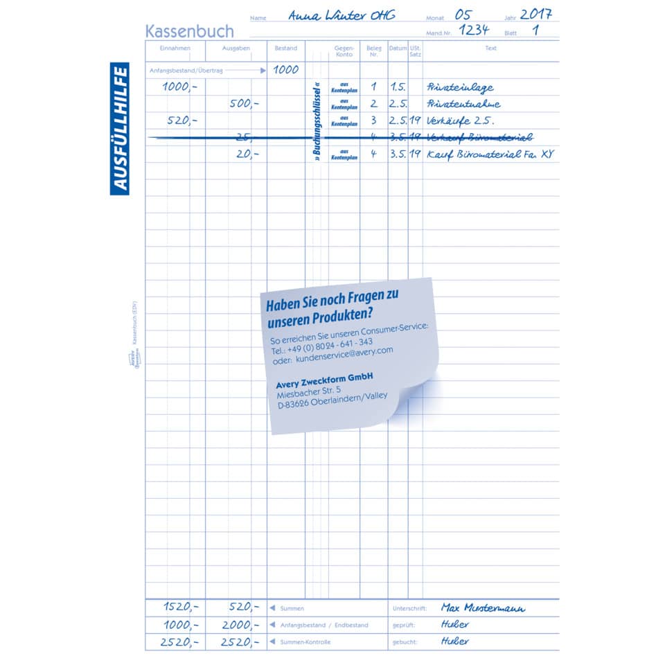 Kassenbuch mit Blaupapier, A4, 100 Blatt AVERY ZWECKFORM 1226 AVERY ZWECKFORM 1226 Recycling