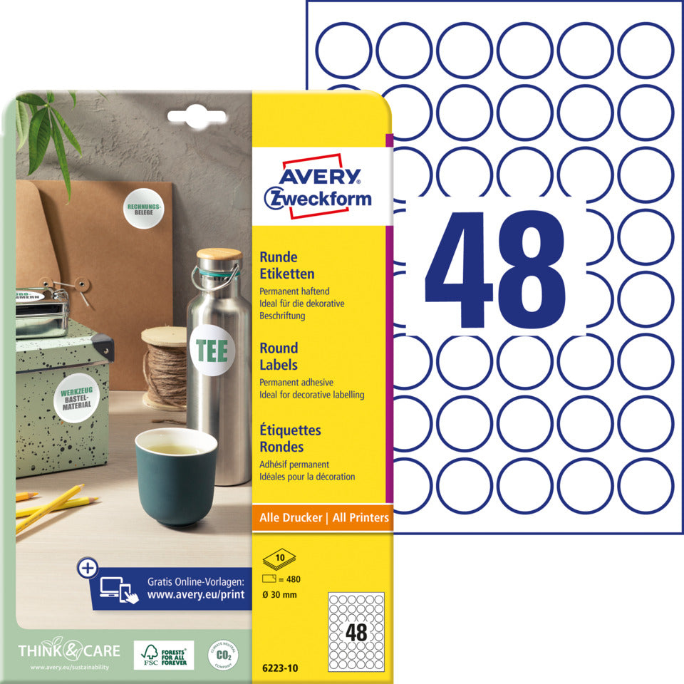 Universaletiketten, rund, ø 30 mm, A4, 480 Etiketten / 10 Bögen, weiß AVERY ZWECKFORM 6223-10 AVERY ZWECKFORM 6223-10 permanent