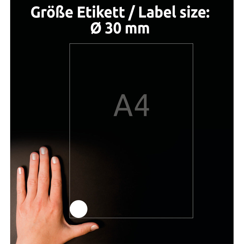 Universaletiketten, rund, ø 30 mm, A4, 480 Etiketten / 10 Bögen, weiß AVERY ZWECKFORM 6223-10 AVERY ZWECKFORM 6223-10 permanent