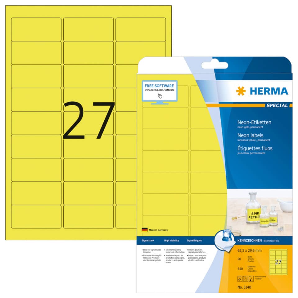 Neonetiketten permanent, 63,5x29,6mm, 540 Stück, leuchtgelb HERMA 5140 HERMA 5140  540 Stück permanent haftend