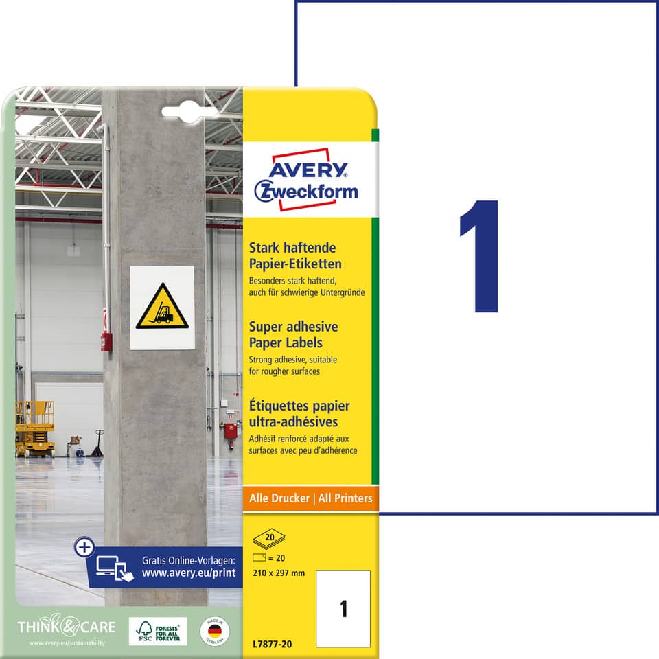 Universaletiketten stark haftend, 210x297mm, 20 Stück, weiß AVERY ZWECKFORM L7877-20