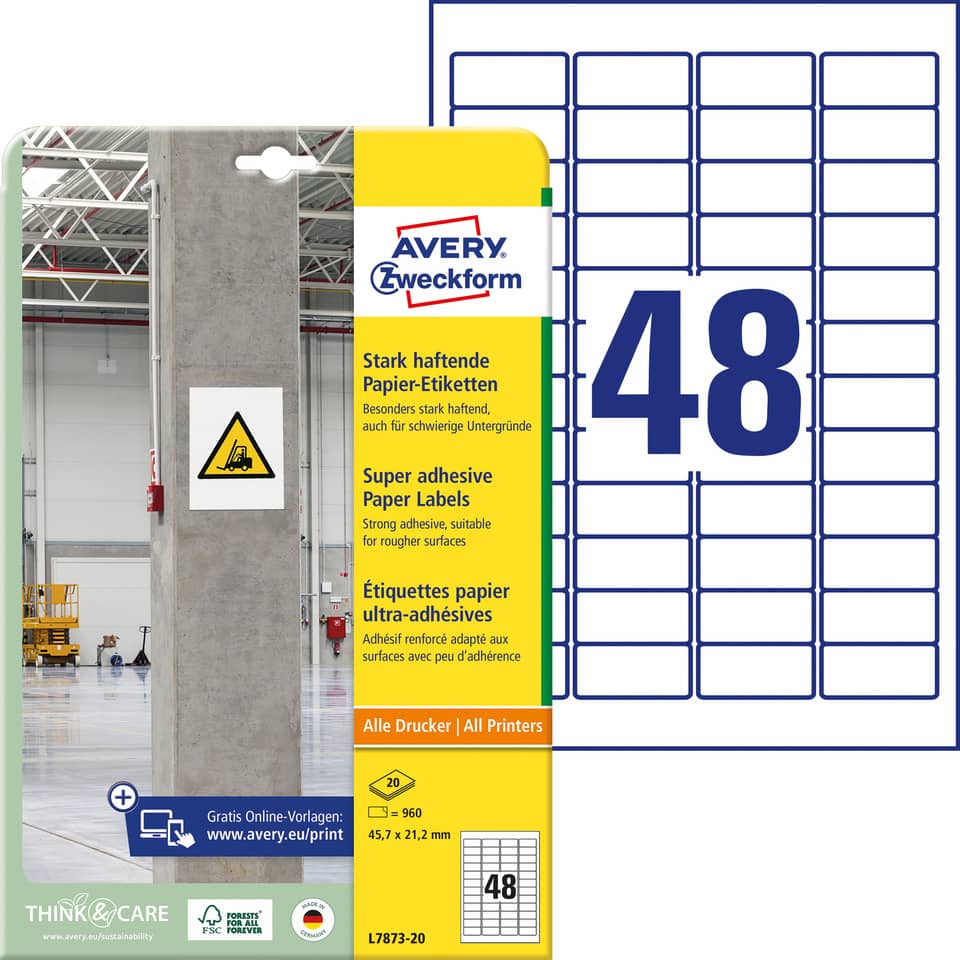 Universaletiketten stark haftend, 45,7x21,2mm, 960 Stück, weiß AVERY ZWECKFORM L7873-20