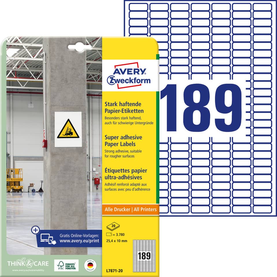Universaletiketten stark haftend, 25,4x10mm, 3780 Stück, weiß AVERY ZWECKFORM L7871-20