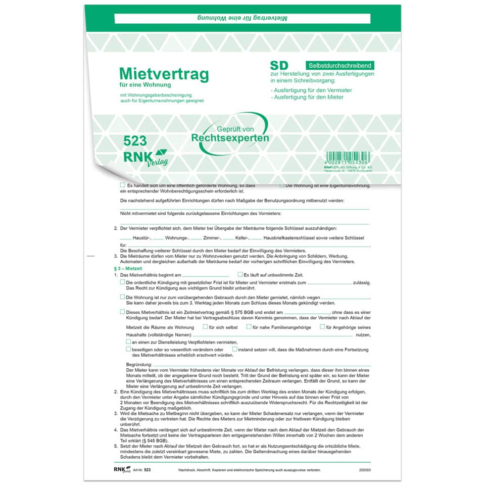 Mietvertrag universal für Wohnungen - SD, 3 x 2 Blatt, 10 Stück RNK 523/10