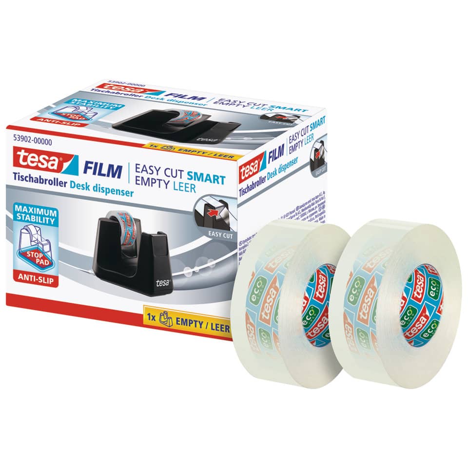 Tischabroller Easy Cut® Smart, schwarz, inkl. 2 x Klebefilm Eco Clear 33m x 19mm TESA 53905-00000-01 TESA 53905-00000-01 +2RL 19mm 33m