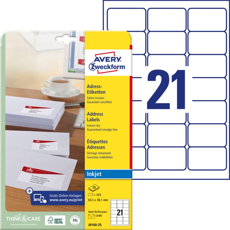 Adress-Etiketten, 63,5x38,1mm, 525 Stück, weiß AVERY ZWECKFORM J8160-25 ZWECKFORM J8160-25  63.5x38.1