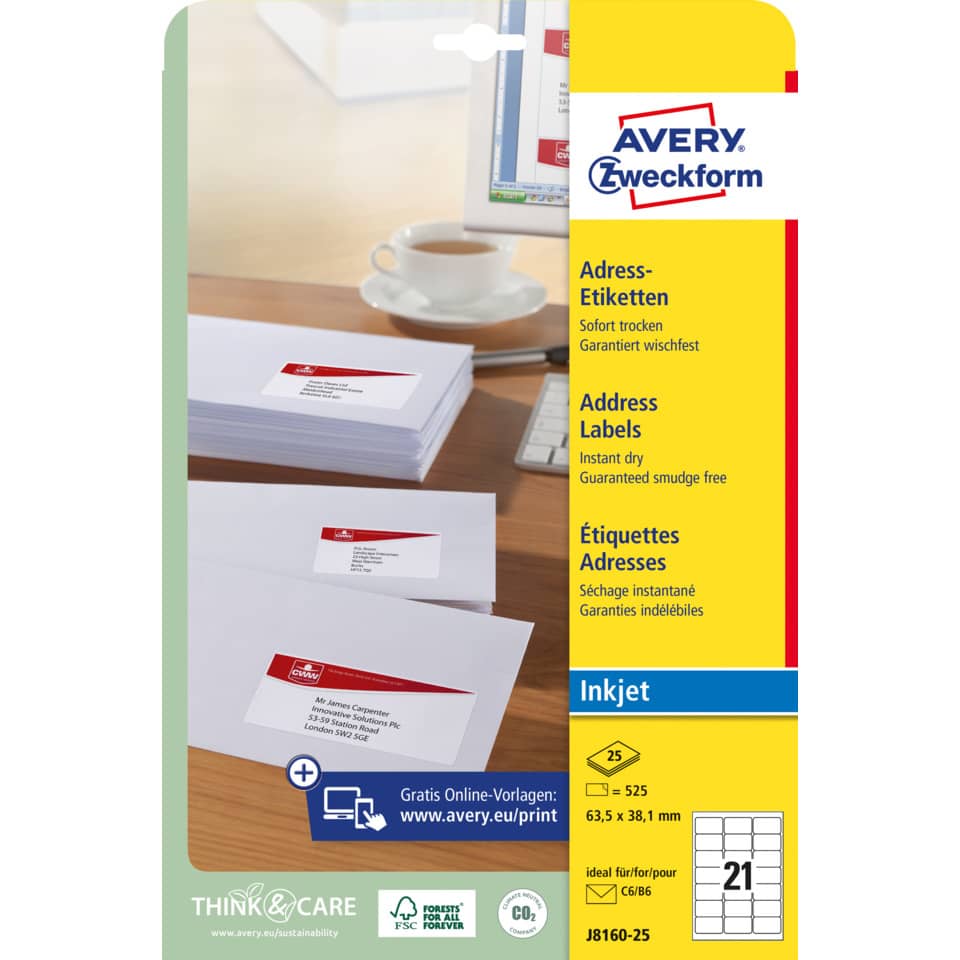 Adress-Etiketten, 63,5x38,1mm, 525 Stück, weiß AVERY ZWECKFORM J8160-25 ZWECKFORM J8160-25  63.5x38.1