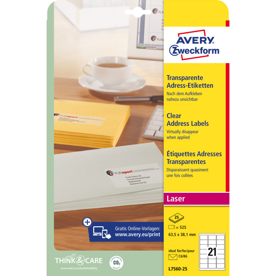 Adress-Etiketten, 63,5x38,1mm, 525 Stück, transparent AVERY ZWECKFORM L7560-25 ZWECKFORM L7560-25  525St
