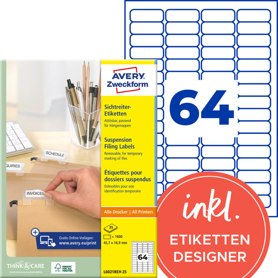 Sichtreiter-Etiketten, 45,7x16,9mm, 1600 Stück, weiß AVERY ZWECKFORM L6021REV-25 ZWECKFORM L6021REV-25 1600ST