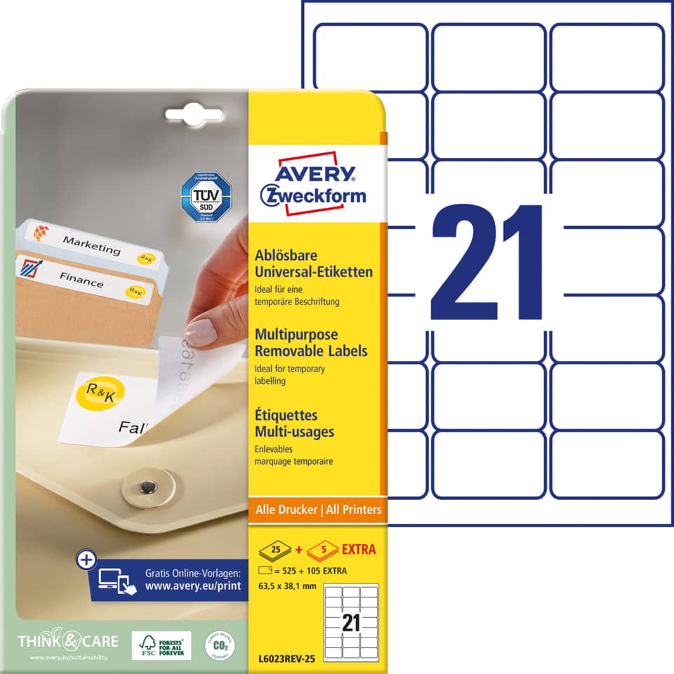 Universaletiketten ablösbar, 63,5x38,1mm, 525 Stück, weiß AVERY ZWECKFORM L6023REV-25 ZWECKFORM L6023REV-25 525ST