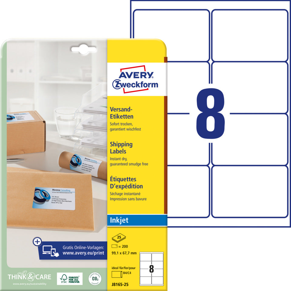 Versandetiketten, 99,1x67,7mm, 200 Stück, weiß AVERY ZWECKFORM J8165-25 ZWECKFORM J8165-25 99,1x67,7