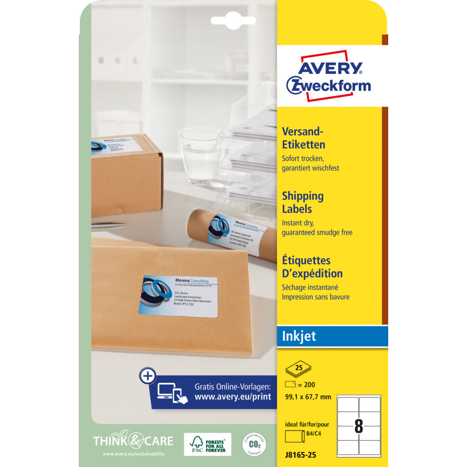 Versandetiketten, 99,1x67,7mm, 200 Stück, weiß AVERY ZWECKFORM J8165-25 ZWECKFORM J8165-25 99,1x67,7