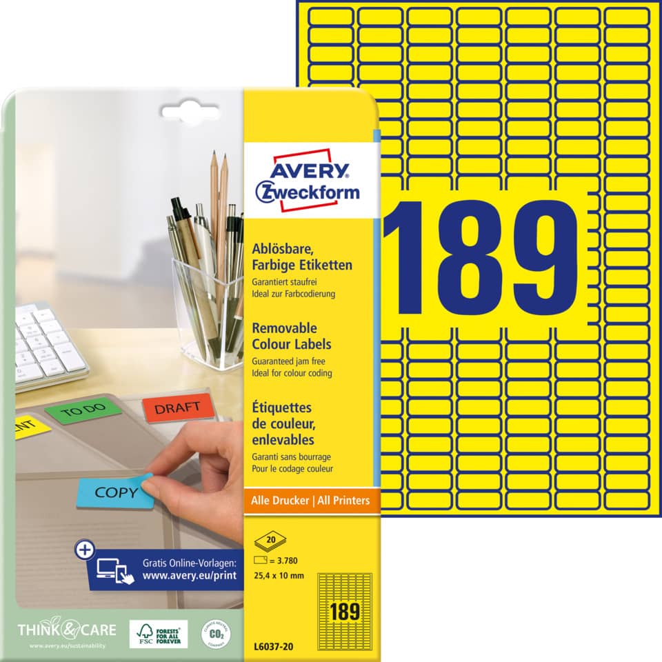 Etiketten farbig ablösbar, 25,4x10mm, 3780 Stück, gelb AVERY ZWECKFORM L6037-20