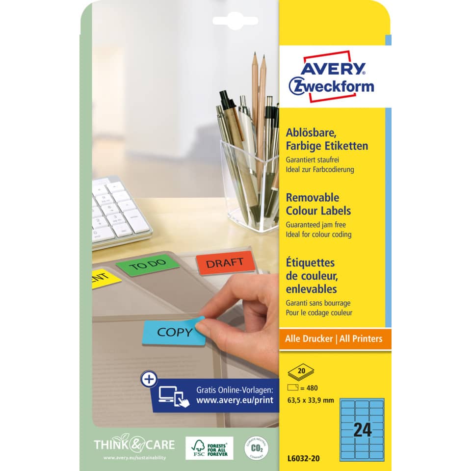 Etiketten farbig ablösbar, 63,5x33,9mm, 480 Stück, blau AVERY ZWECKFORM L6032-20 ZWECKFORM L6032-20  480St