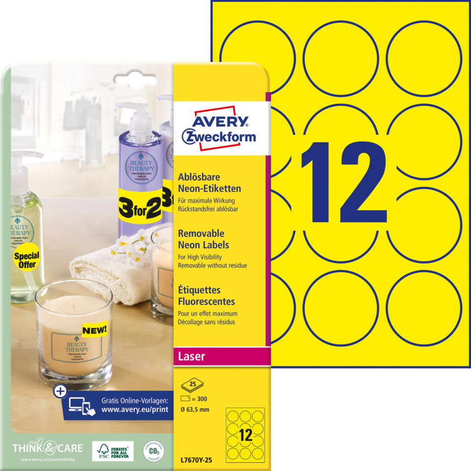Farbige Etiketten, Ø63,5cm, 300 Stück, neongelb AVERY ZWECKFORM L7670Y-25 AVERY ZWECKFORM L7670Y-25 63,5