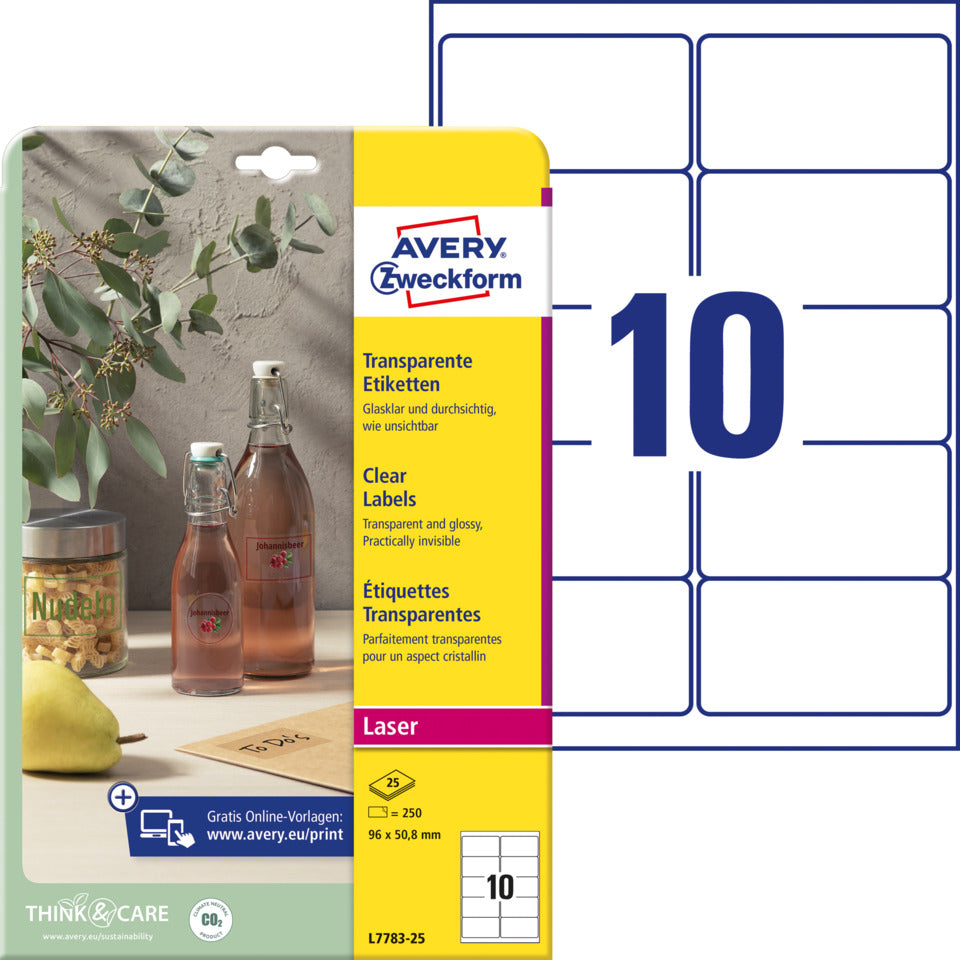 Transparente Etiketten, 96x50,8mm, 250 Stück, transparent AVERY ZWECKFORM L7783-25 ZWECKFORM L7783-25   250St