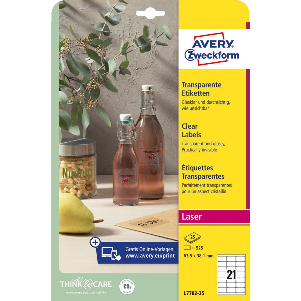 Transparente Etiketten, 63,5x38,1mm, 525 Stück, transparent AVERY ZWECKFORM L7782-25 ZWECKFORM L7782-25   525St