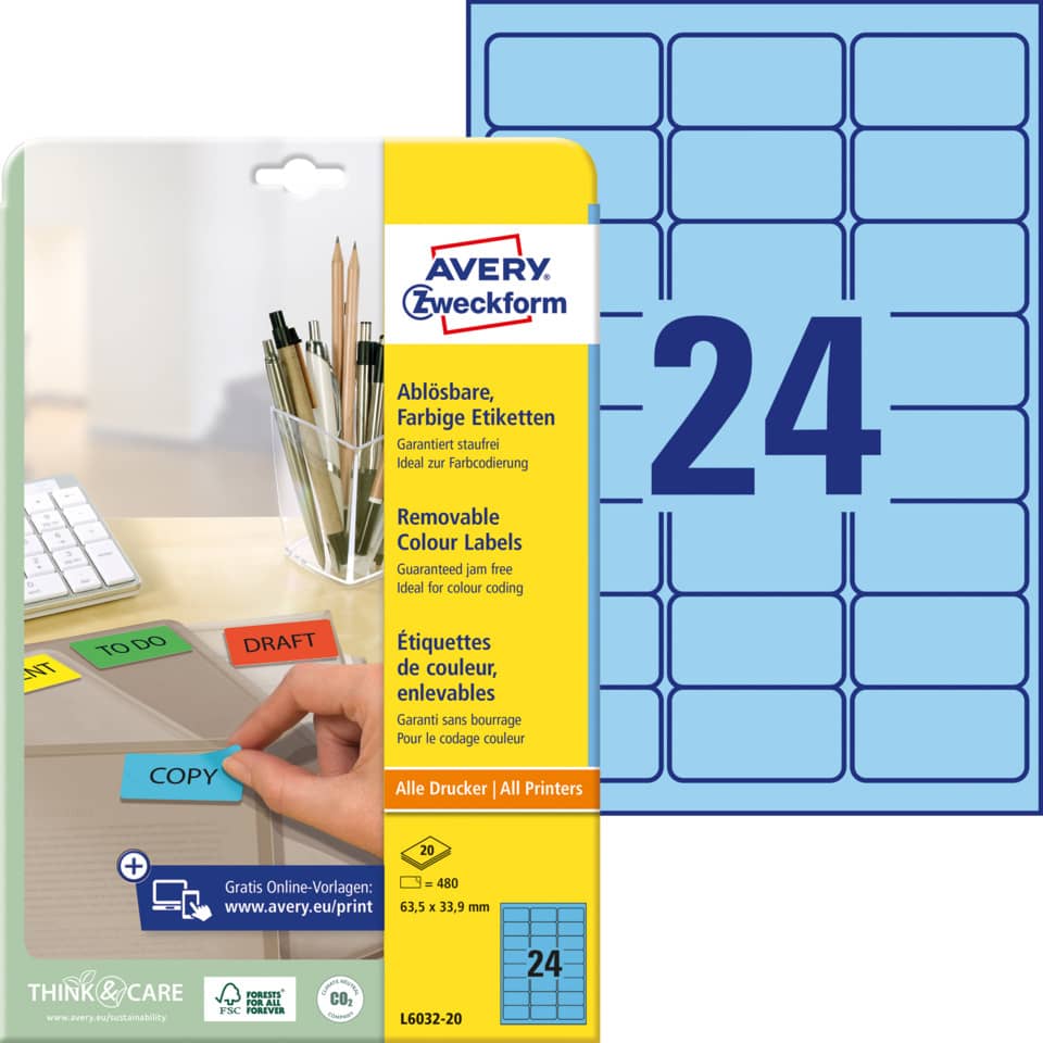 Etiketten farbig ablösbar, 63,5x33,9mm, 480 Stück, blau AVERY ZWECKFORM L6032-20 ZWECKFORM L6032-20  480St
