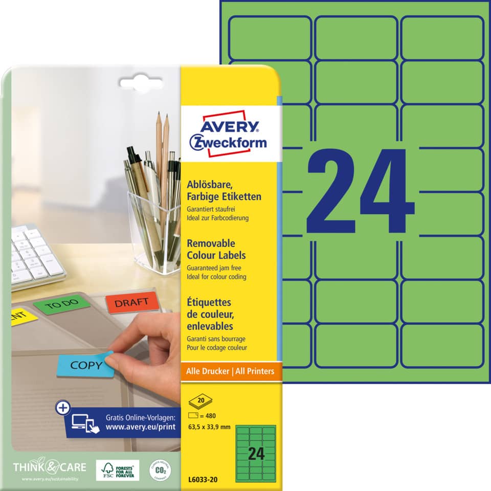 Etiketten farbig ablösbar, 63,5x33,9mm, 480 Stück, grün AVERY ZWECKFORM L6033-20 ZWECKFORM L6033-20 480St