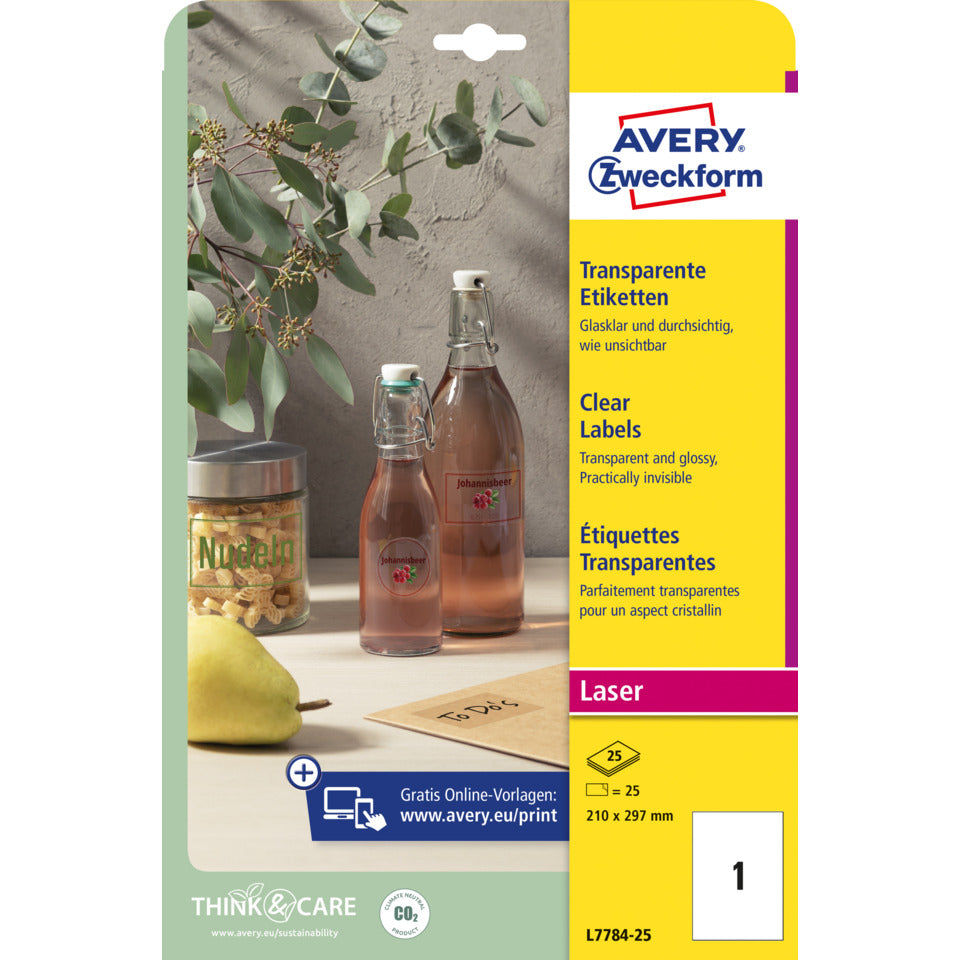 Transparente Etiketten, 210x297mm, 25 Stück, transparent AVERY ZWECKFORM L7784-25 ZWECKFORM L7784-25 Pg25St