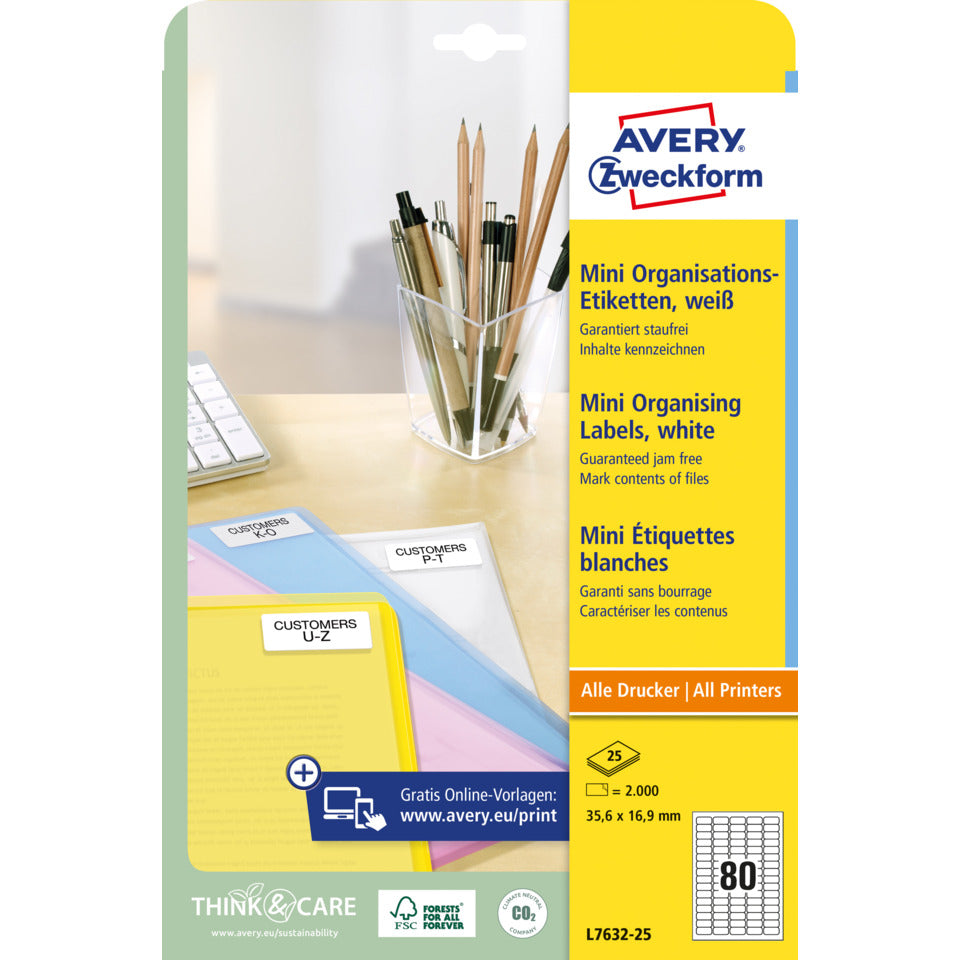 Mini-Organisations-Etiketten, 35,6 x 16,9 mm, 2.000 Stück, weiß AVERY ZWECKFORM L7632-25 ZWECKFORM L7632-25  2000St