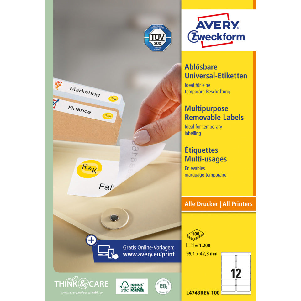 Universaletiketten ablösbar, 99,1x42,3mm, 1200 Stück, weiß AVERY ZWECKFORM L4743REV-100 ZWECKFORM L4743REV-100  1200St